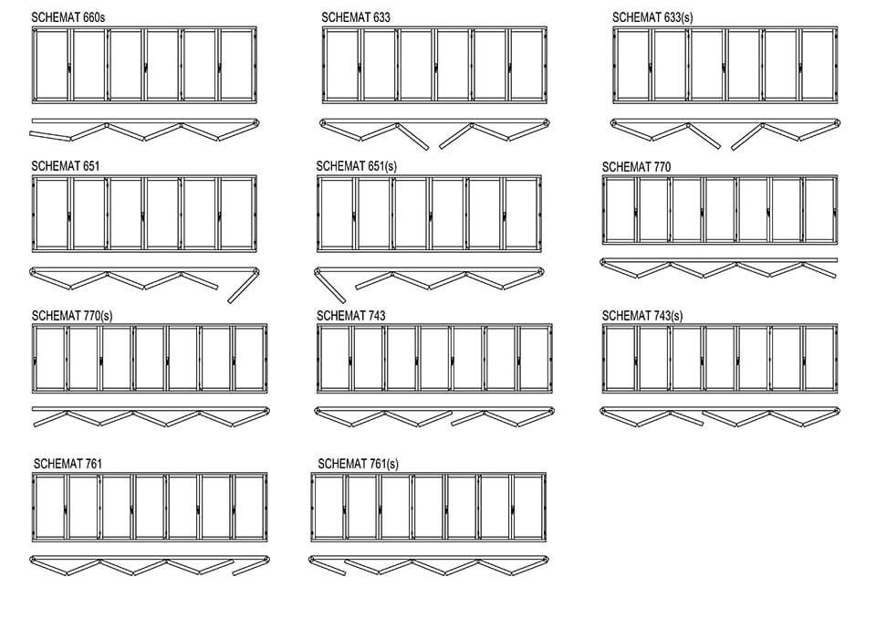 Variantes de puertas plegables de madera y aluminio.