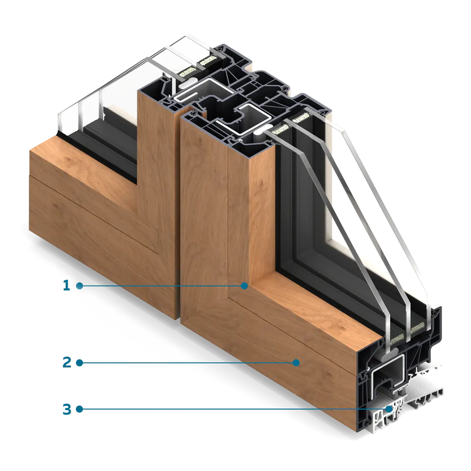 Ventana FORMA Viso de sección transversal con parteluz estrecho, estructura de chapa de madera que imita la madera natural.