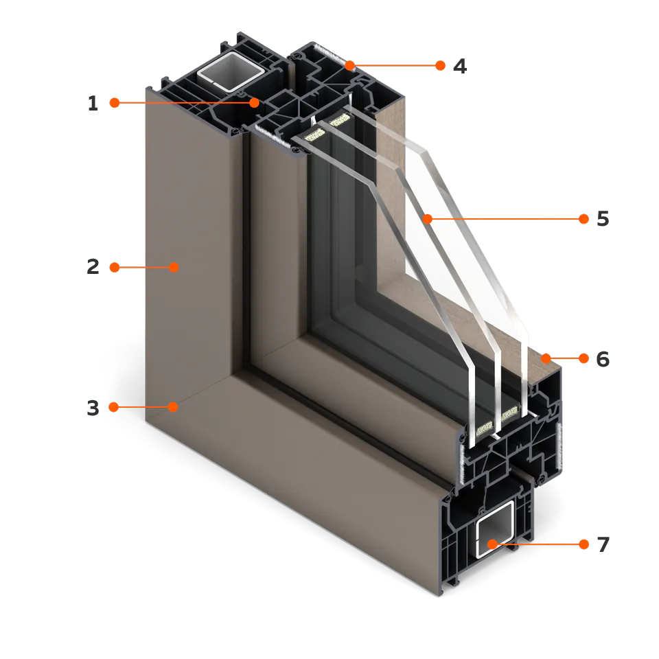 Sección de ventana FORMA ThermoFibra en chapa de imitación de aluminio.