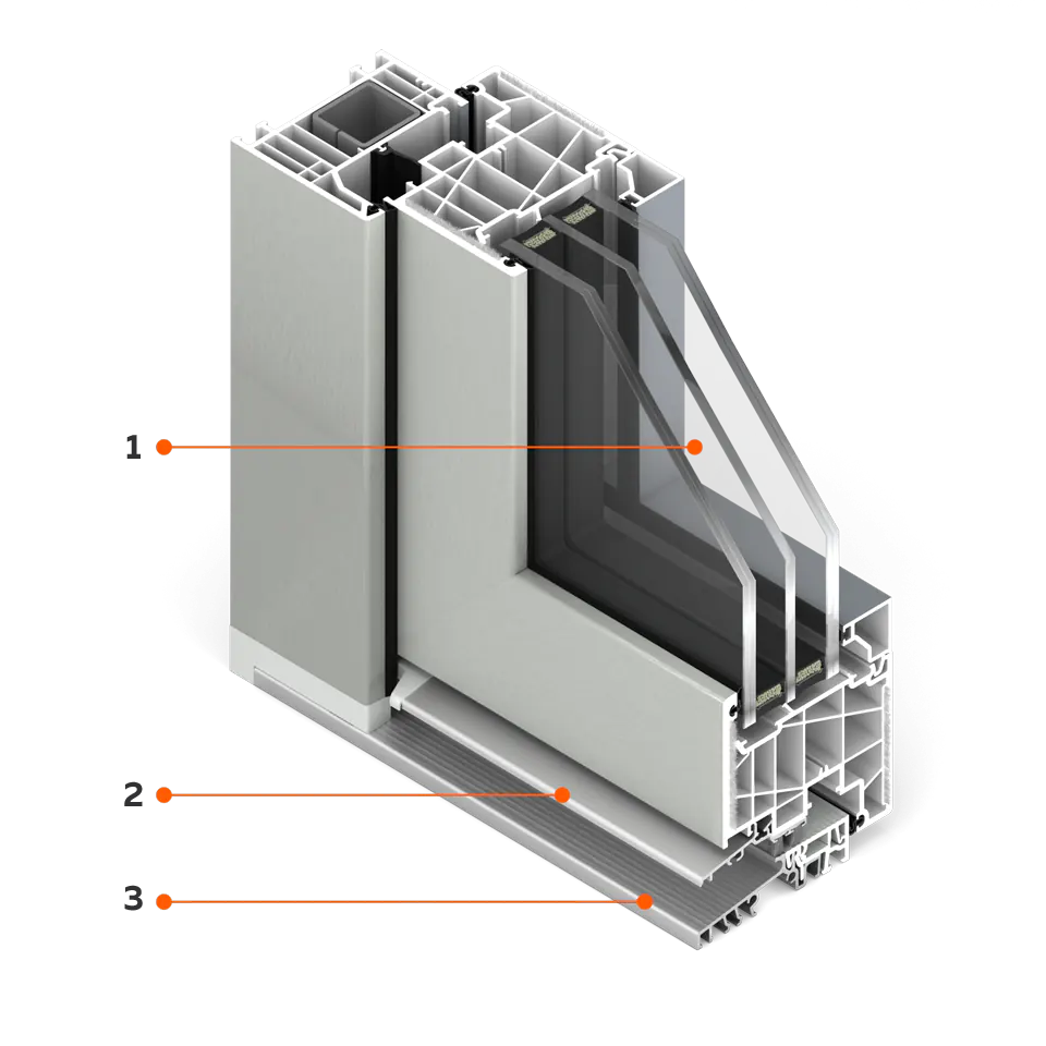 Sección de ventana FORMA ThermoFibra con umbral de aluminio cálido.