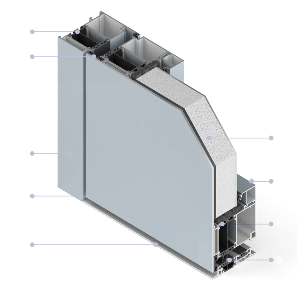 Sección transversal de una puerta de aluminio con recubrimiento en polvo Premium 86.