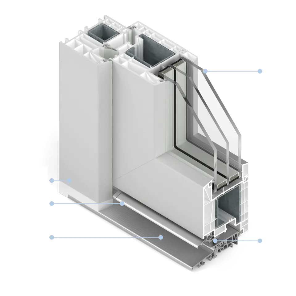 Sección transversal de una puerta de patio con un cálido umbral de aluminio.