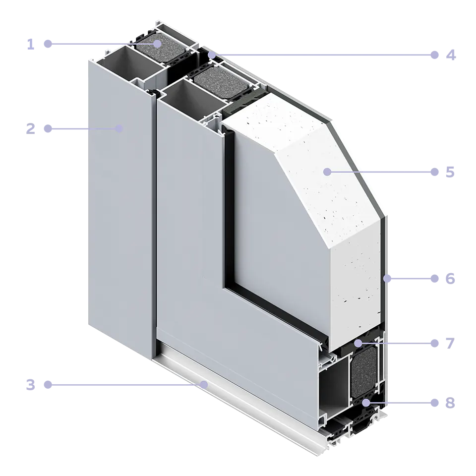 Sección transversal de una puerta de aluminio con recubrimiento en polvo Premium 86N (clásico)